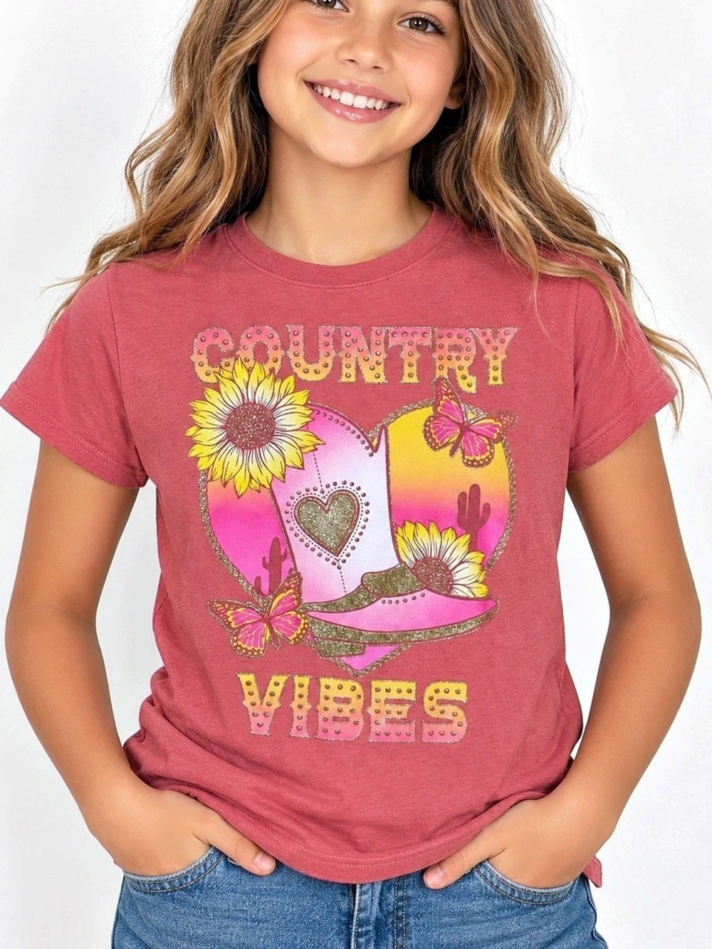 Girls Place Country Vibes Graphic Tee Pink Western Cowboy Hat Sunflower L/G 10/1